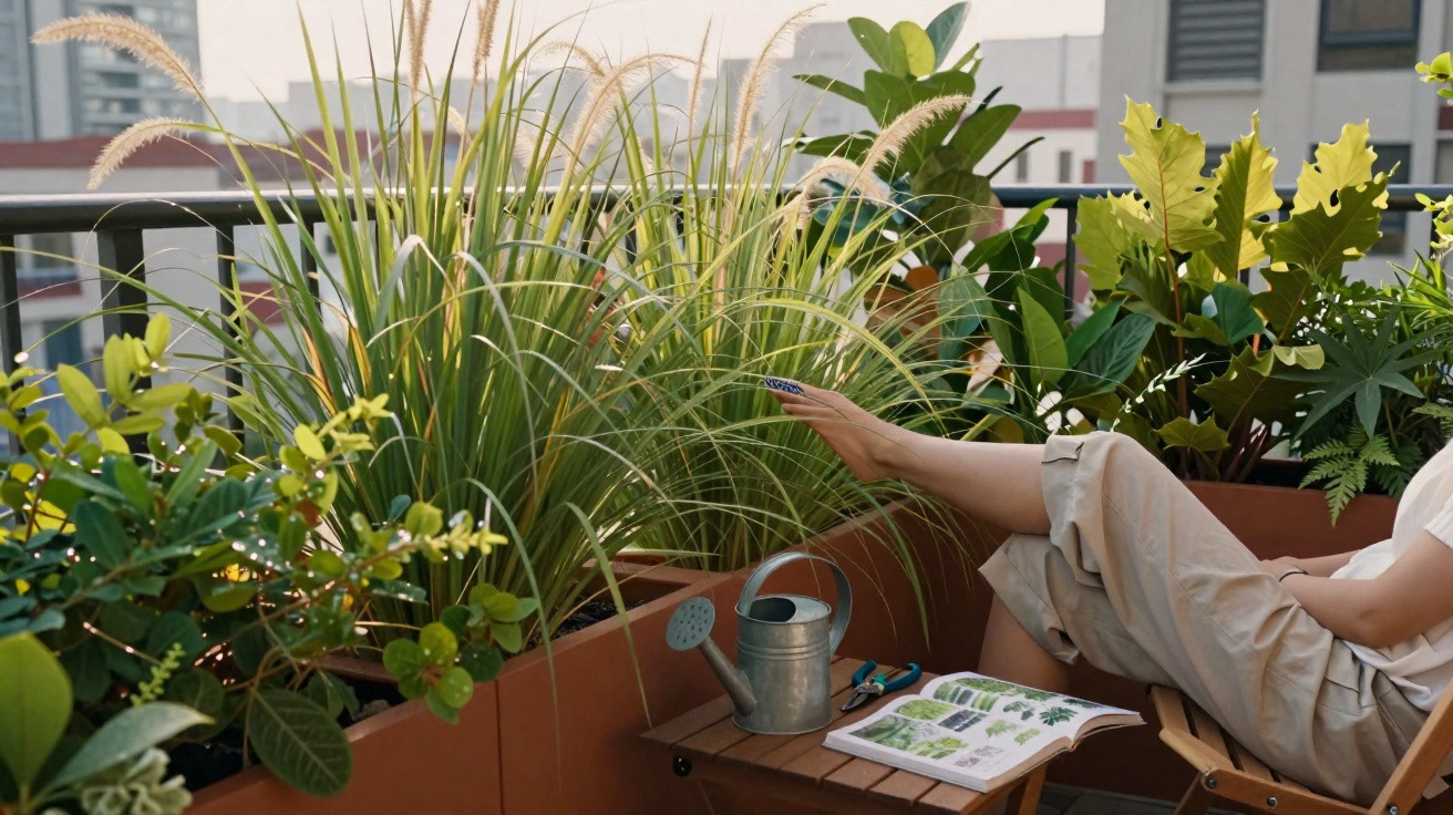 Pessoa sentada numa varanda rodeada de plantas em vasos e um livro aberto sobre uma mesa de madeira.