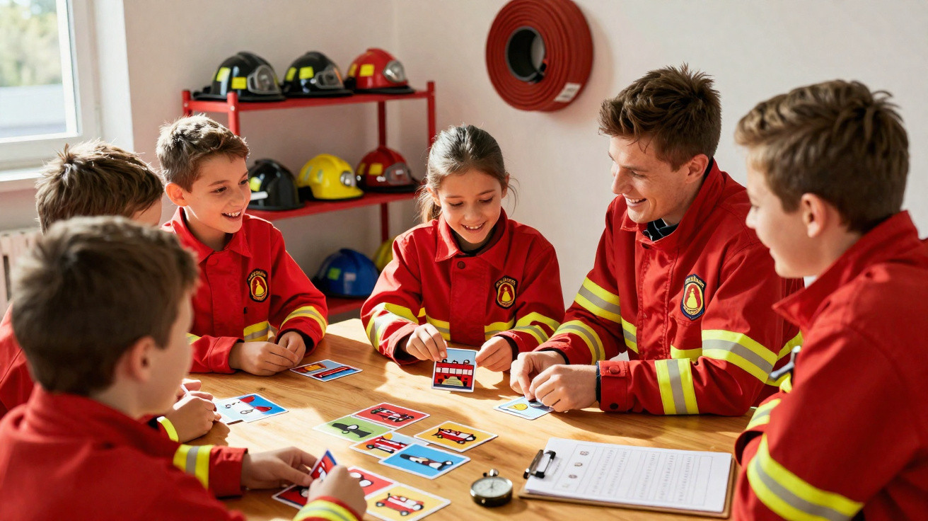 Crianças vestidas de bombeiros brincam e estudam com cartas numa mesa num quartel de bombeiros.