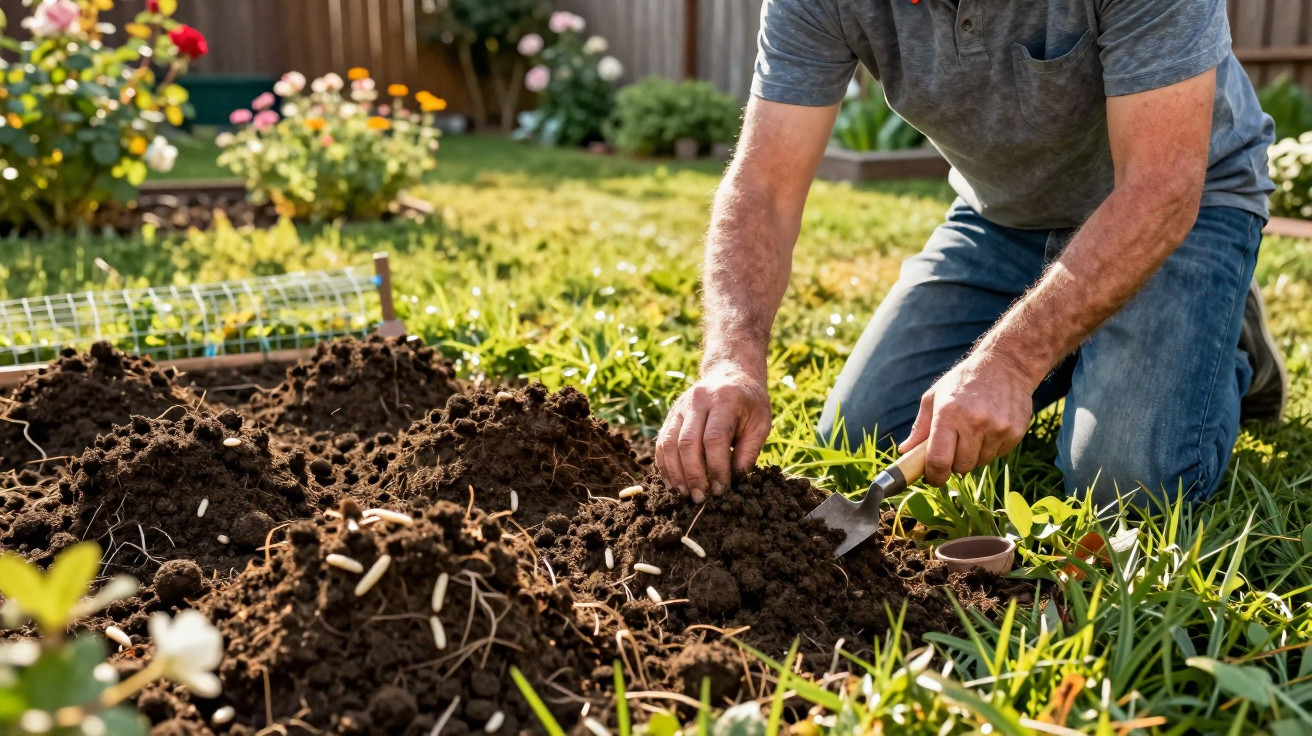 Homem a plantar sementes numa horta caseira, rodeado de flores e relva verde ao sol.
