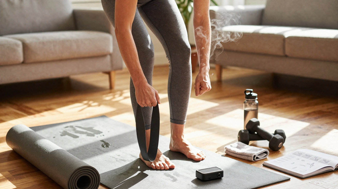 Pessoa a usar um dispositivo de calor para tratamento muscular enquanto está em tapete de exercício em casa.