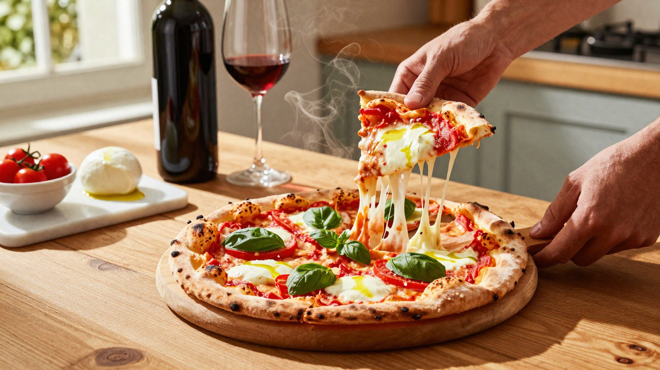 Mãos a retirar uma fatia de pizza margarita com manjericão, queijo derretido e vinho tinto numa mesa de madeira.