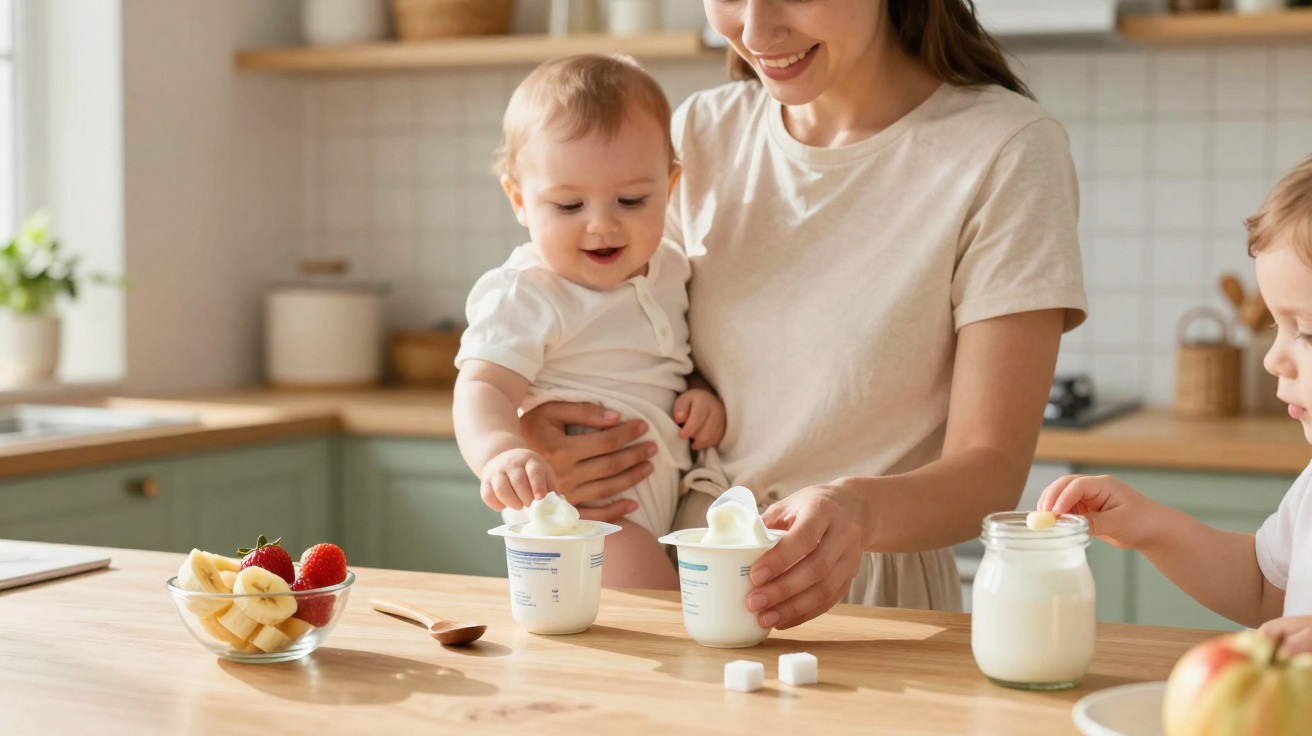 Bebé sorridente a tocar num iogurte enquanto mãe o segura na cozinha iluminada.