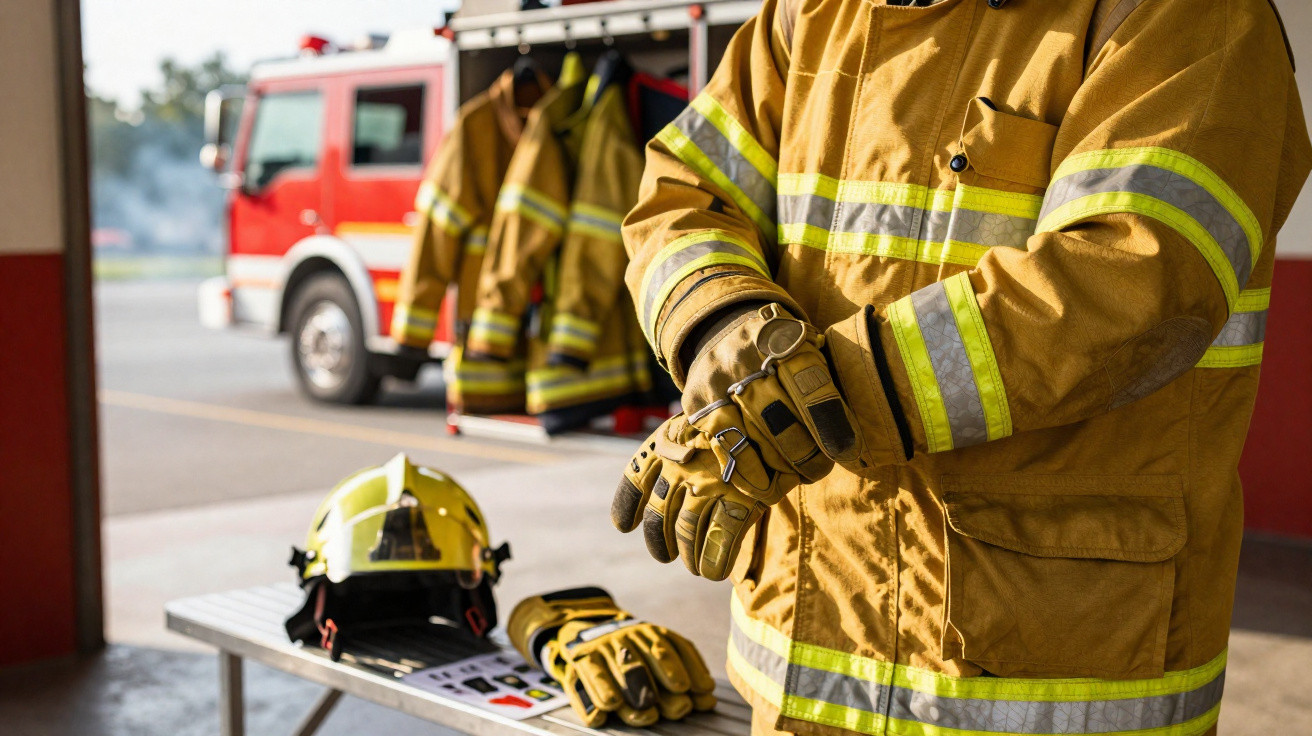 Bombeiro a vestir luvas de proteção amarelas junto a capacete e luvas num quartel com camião de bombeiros ao fundo.