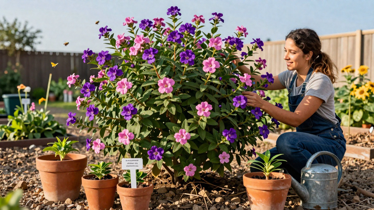 Mulher a cuidar de uma planta florida rosa e roxa num jardim com regador e vasos de barro.