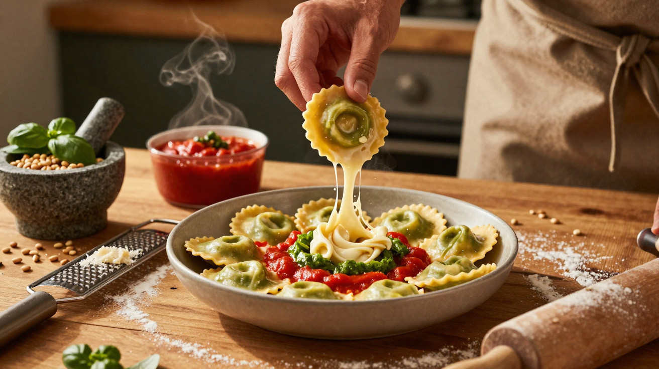 Pessoa a colocar queijo derretido em ravioli servido com molho de tomate e courgette numa tigela quente.