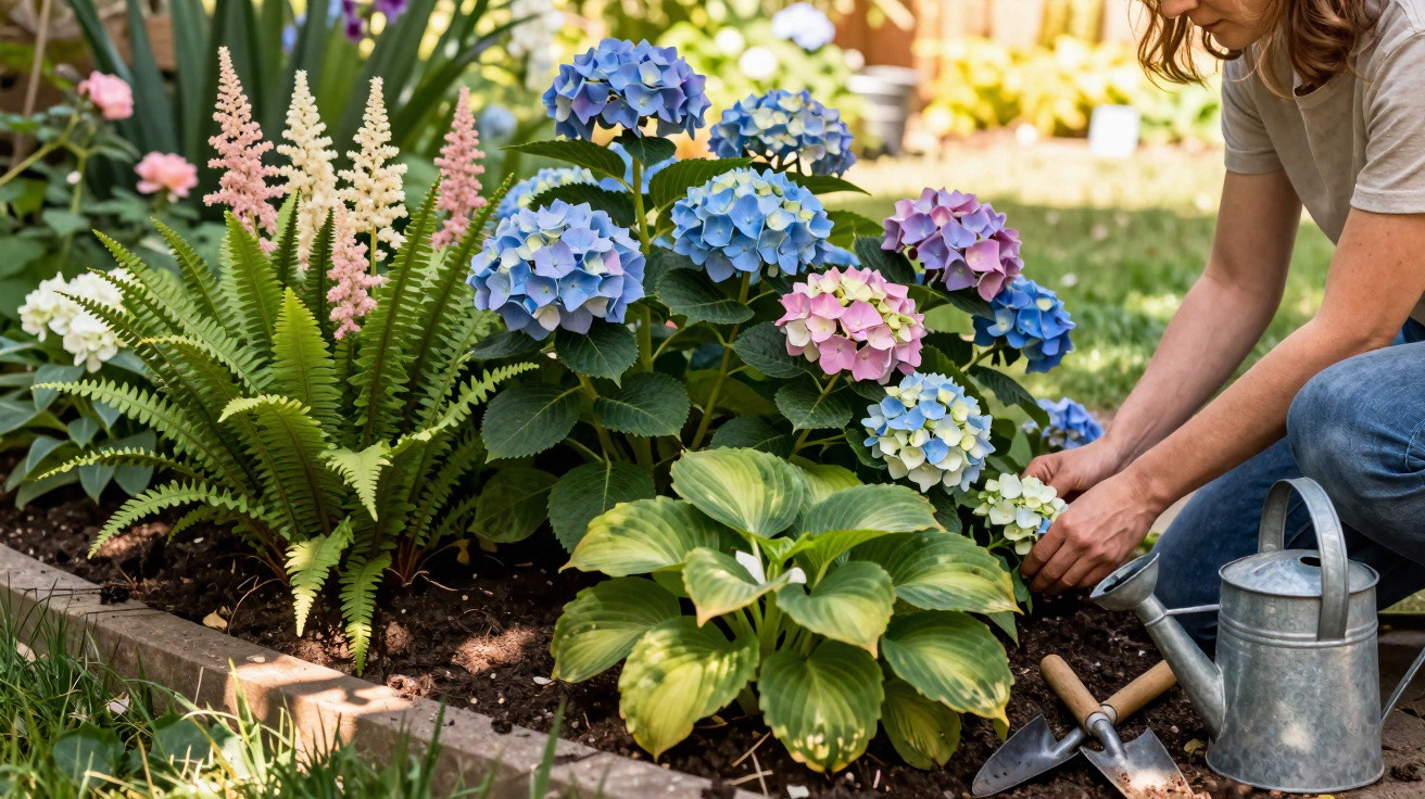 Pessoa a cuidar de flores coloridas num jardim, com regador e pequena pá de jardinagem ao lado.