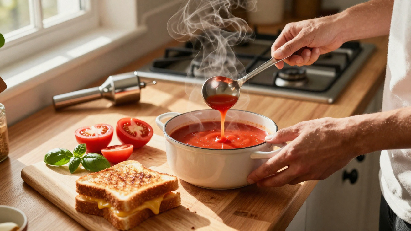 Pessoa a servir sopa quente de tomate numa tigela, com pão torrado e tomates frescos ao lado.