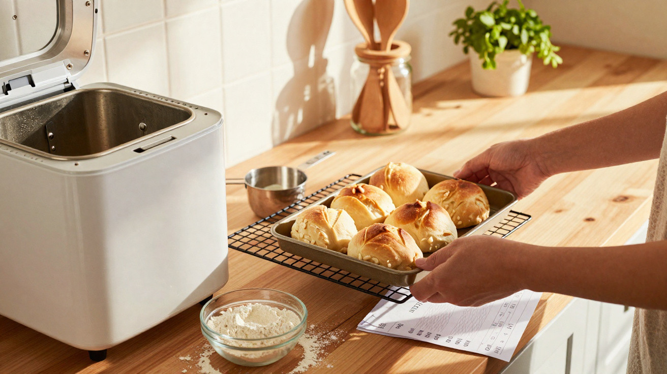 Pães frescos acabados de fazer em tabuleiro, com máquina de pão e ingredientes na bancada da cozinha.