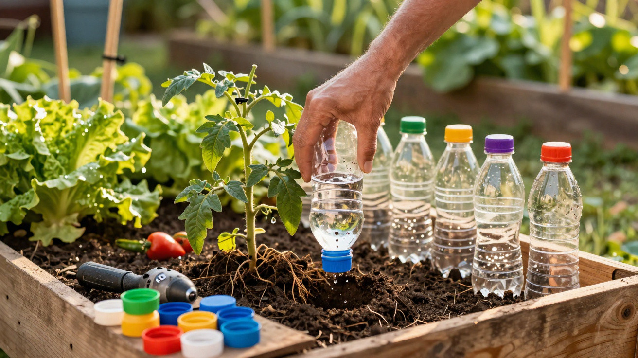 Mão a regar planta numa horta com garrafa de plástico reutilizada entre várias garrafas e tampas coloridas.