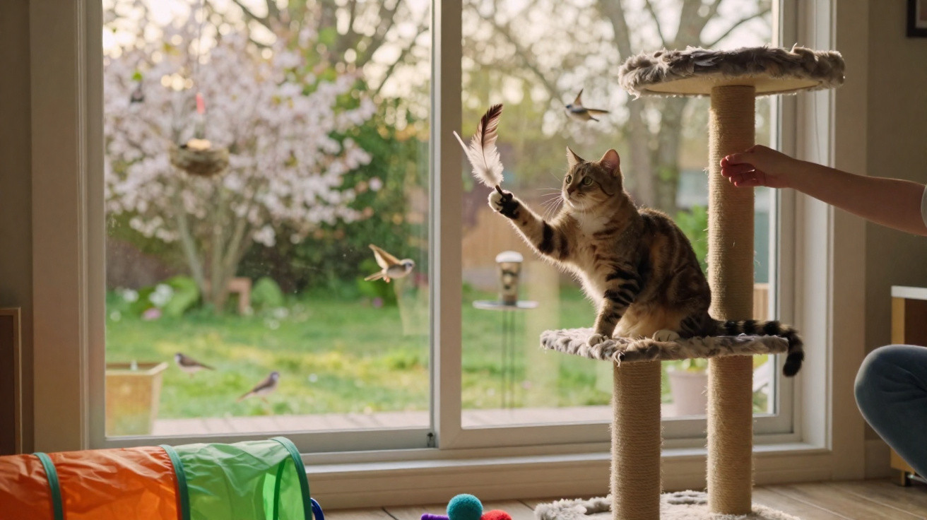 Gato sentado no arranhador brinca com penas enquanto vê pássaros através da janela para um jardim florido.