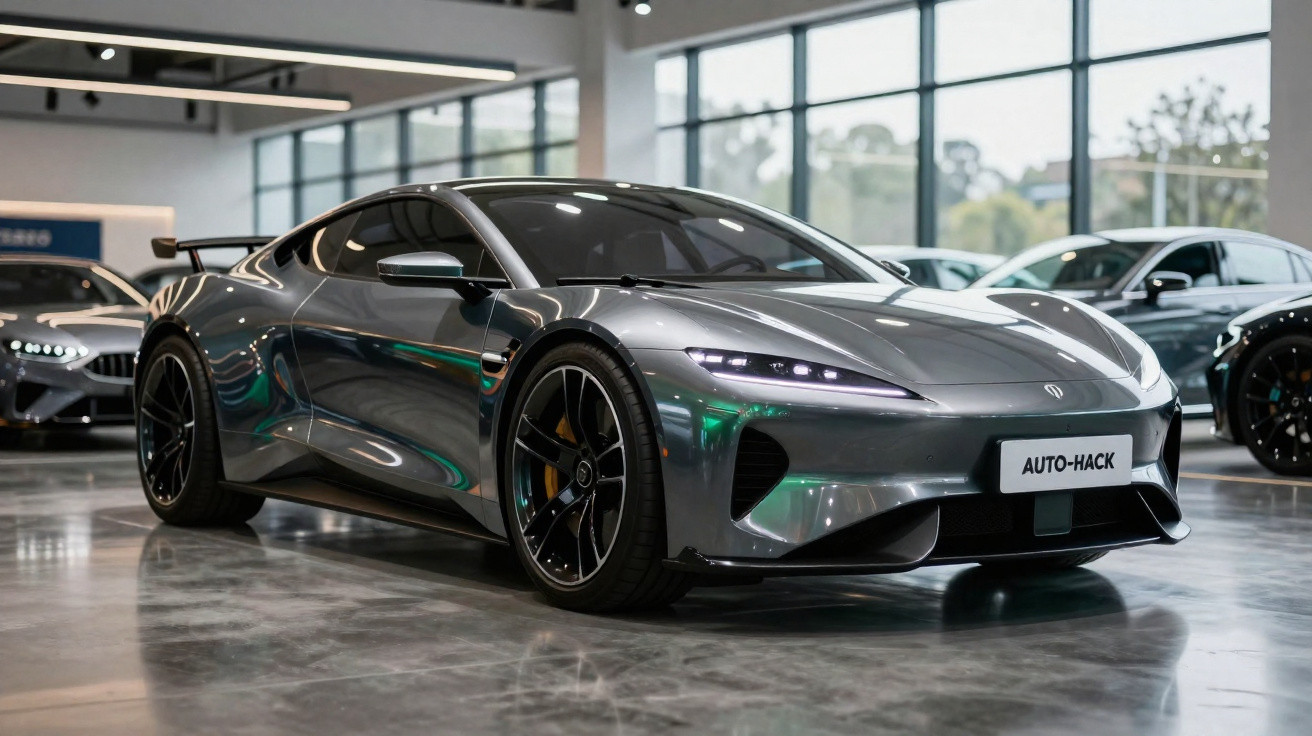 Carro desportivo elétrico cinza com design aerodinâmico em exposição numa garagem moderna.