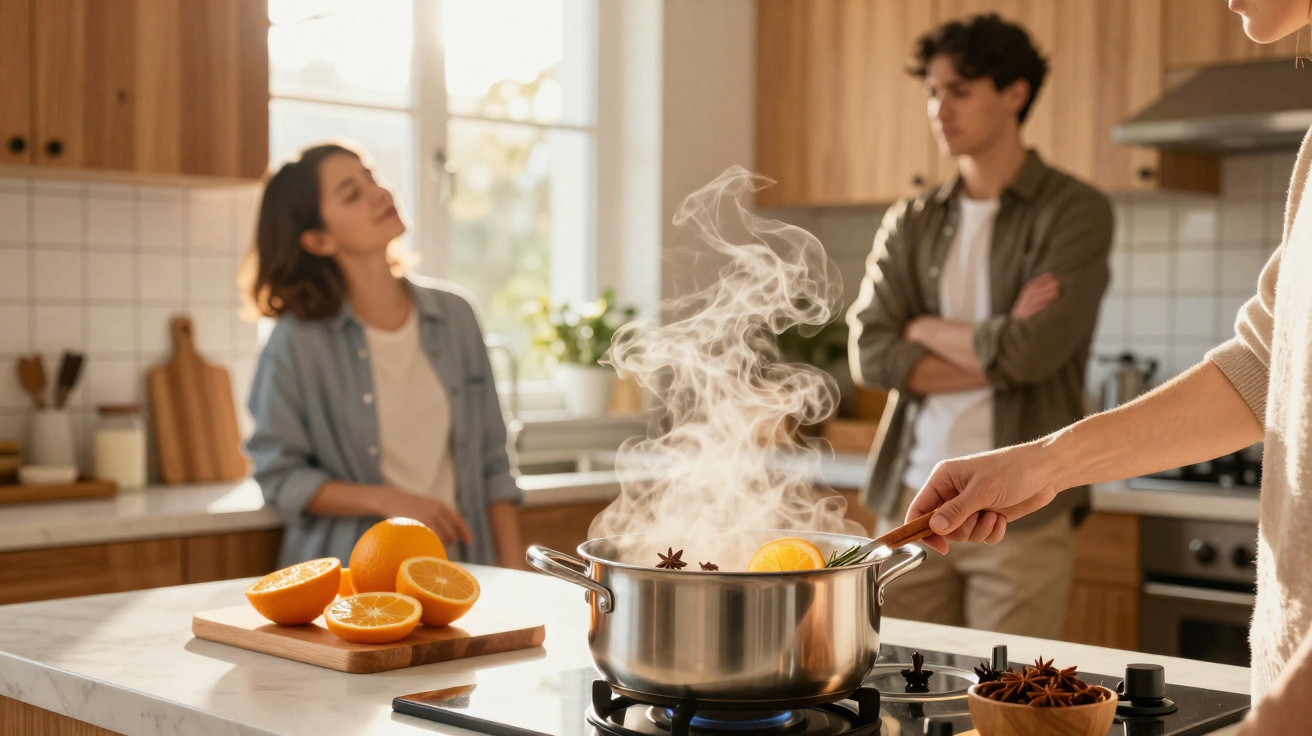 Pessoa a cozinhar com panela a ferver e especiarias, enquanto duas pessoas observam na cozinha.