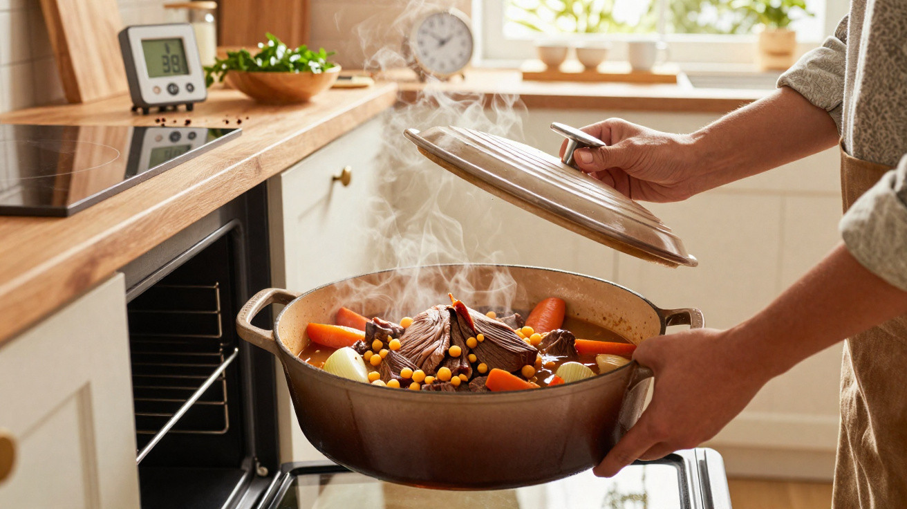 Pessoa a retirar panela com carne e legumes fumegantes do forno numa cozinha luminosa.