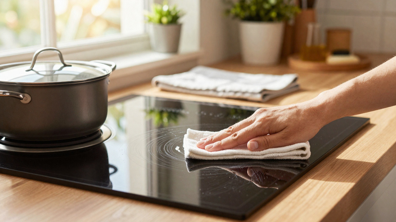 Mãos a limpar placa vitrocerâmica preta com pano branco numa cozinha luminosa com panela e janela ao fundo.
