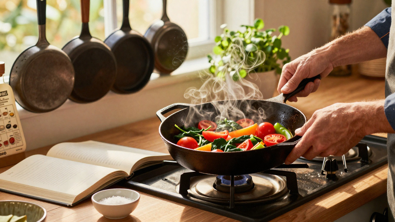 Pessoa a cozinhar legumes frescos numa frigideira ao lume numa cozinha iluminada por luz natural.