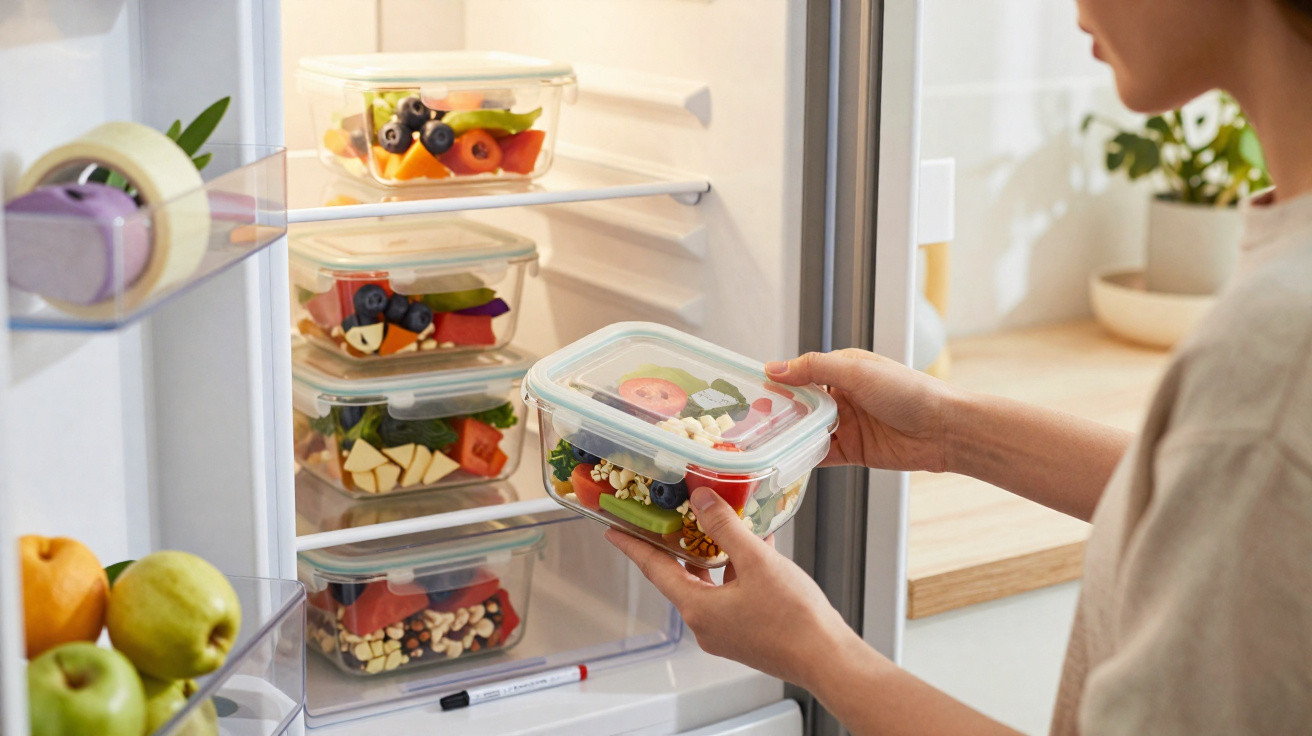 Mãos a guardar caixas de plástico com salada e legumes frescos na porta aberta de um frigorífico.