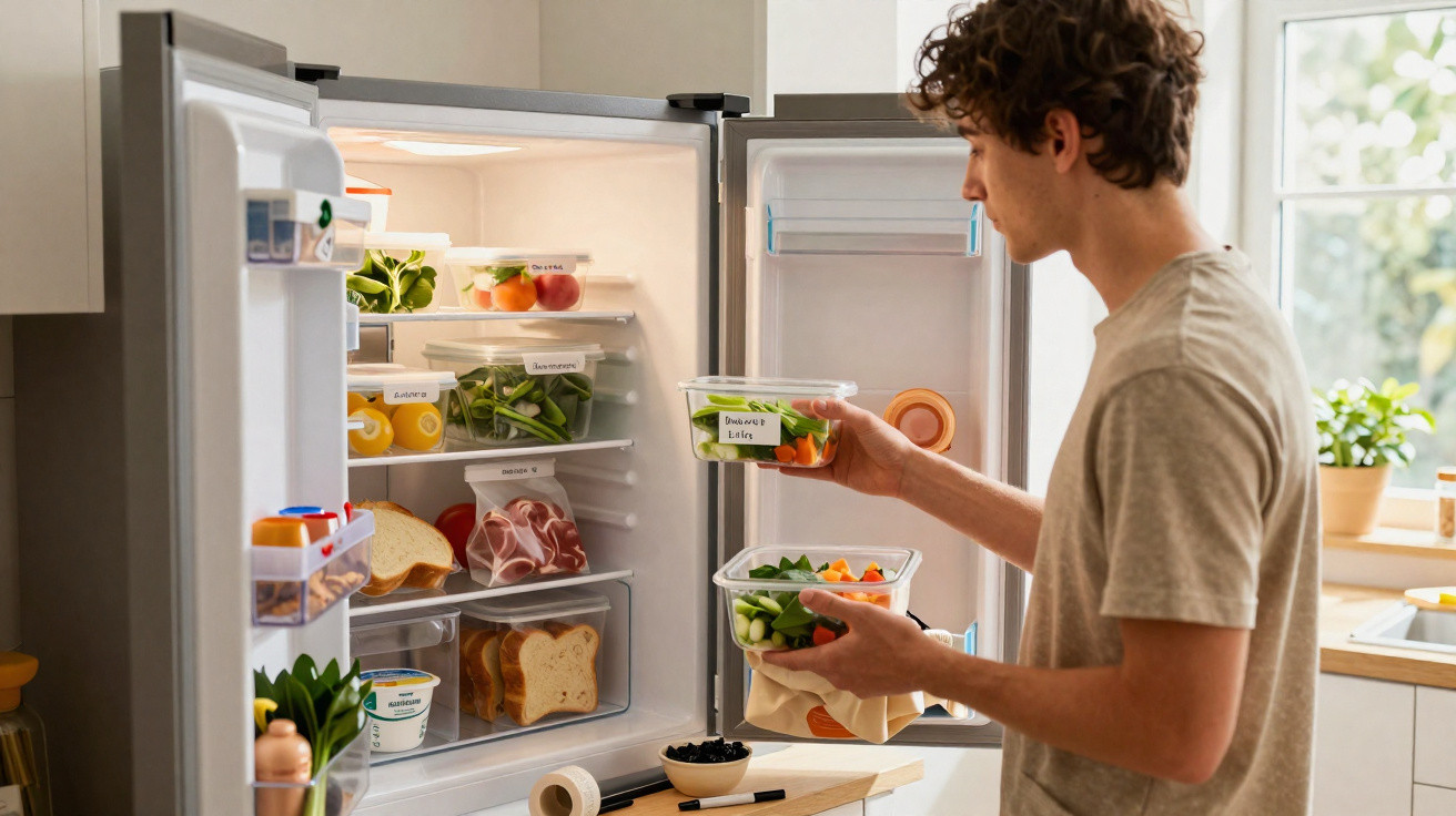 Homem a organizar recipientes de alimentos frescos num frigorífico aberto numa cozinha iluminada.