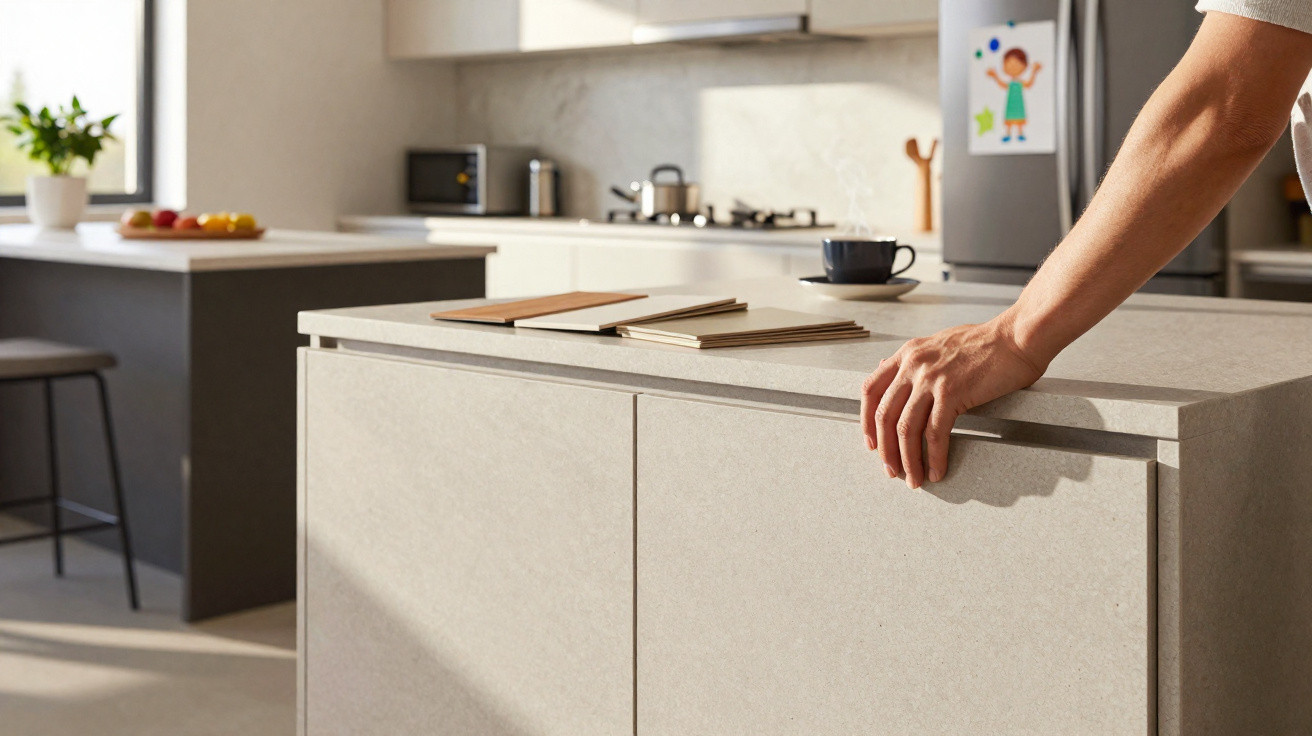 Cozinha moderna com ilha central, mão pousada e chávena a vapor sobre bancada.