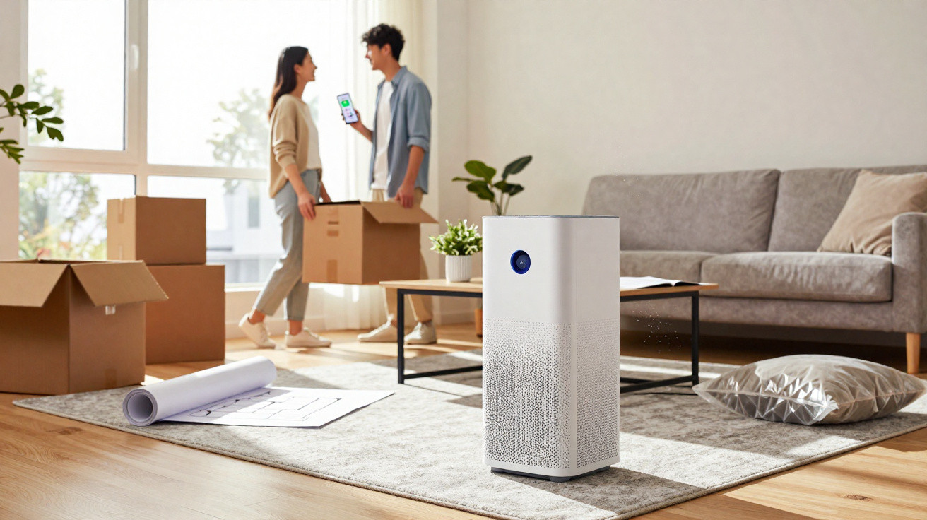 Purificador de ar branco num tapete numa sala com casal a usar smartphone e caixas de mudança ao fundo.