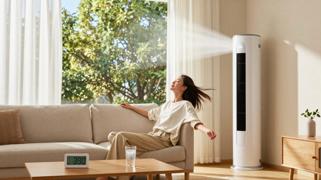 Mulher relaxa num sofá bege numa sala luminosa com ar condicionado e vista para jardim verde.