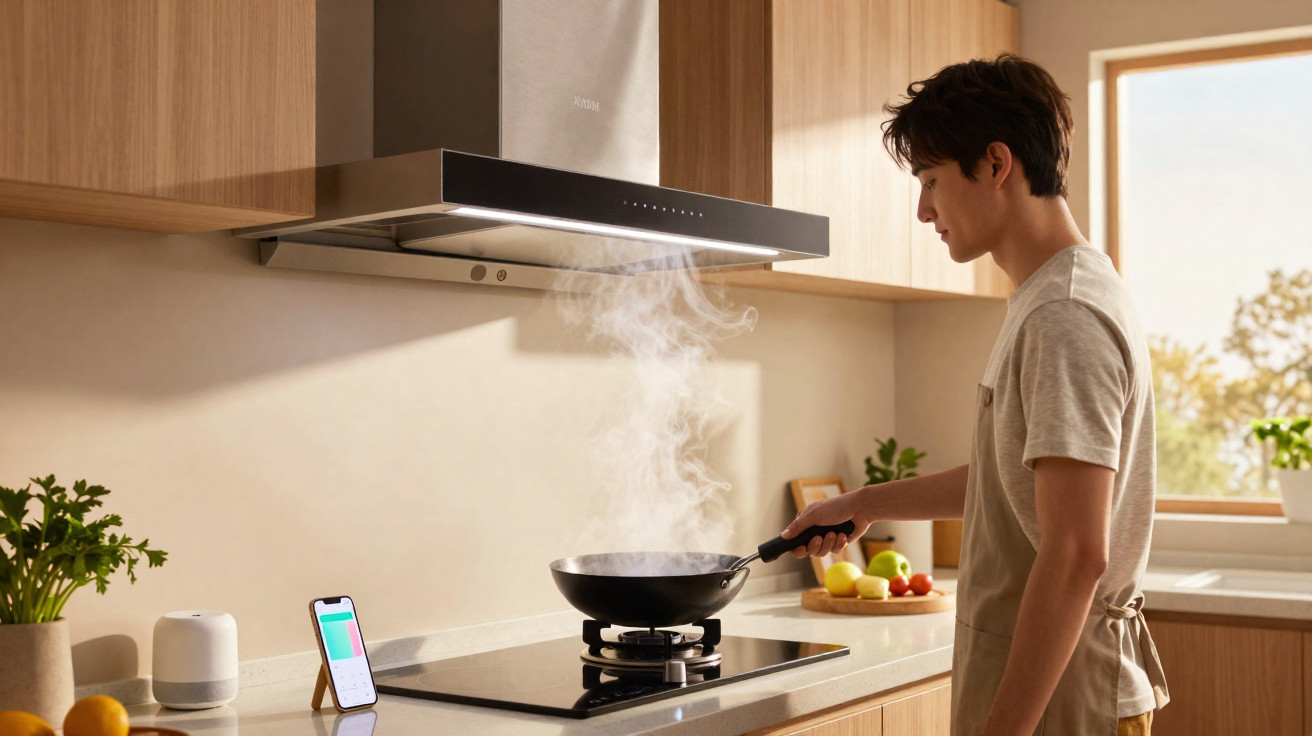 Jovem a cozinhar com wok num fogão a gás numa cozinha moderna e luminosa, com exaustor ligado.