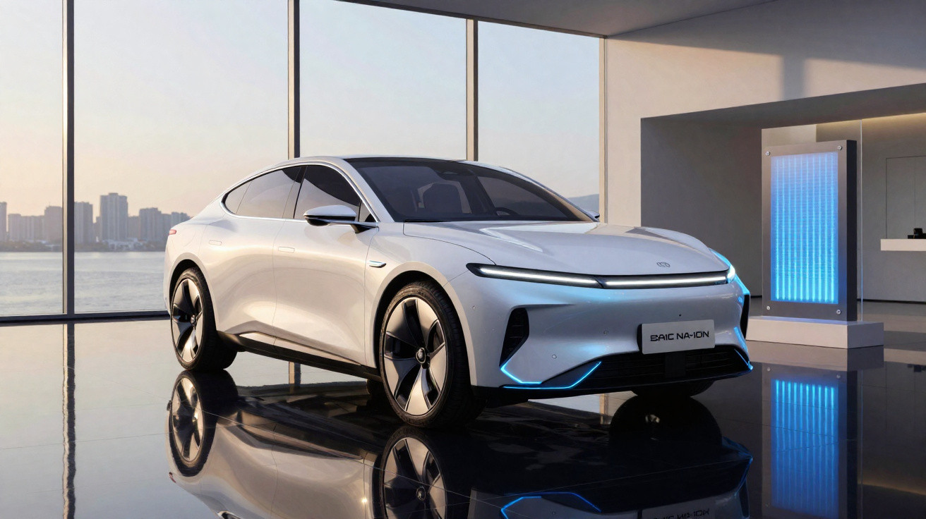 Carro elétrico branco BAIC NA-ION futurista em exposição num espaço amplo com janelas panorâmicas.
