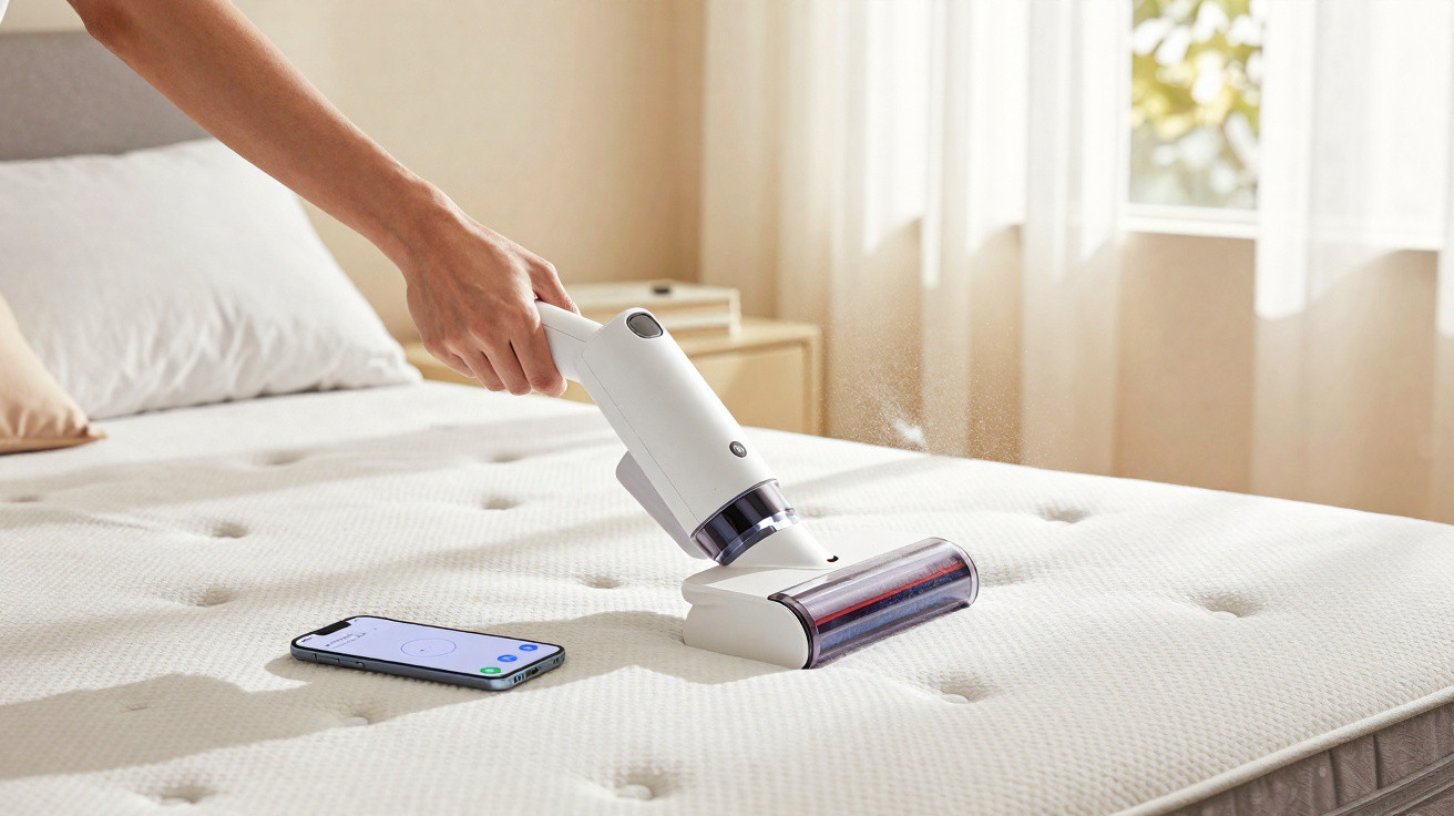 Pessoa a aspirar colchão branco com aspirador portátil ao lado de um smartphone numa cama arrumada.