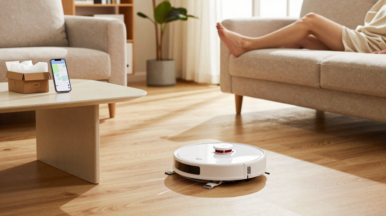 Aspirador robô a limpar chão de madeira numa sala moderna com sofá, mesa baixa e telemóvel em suporte.