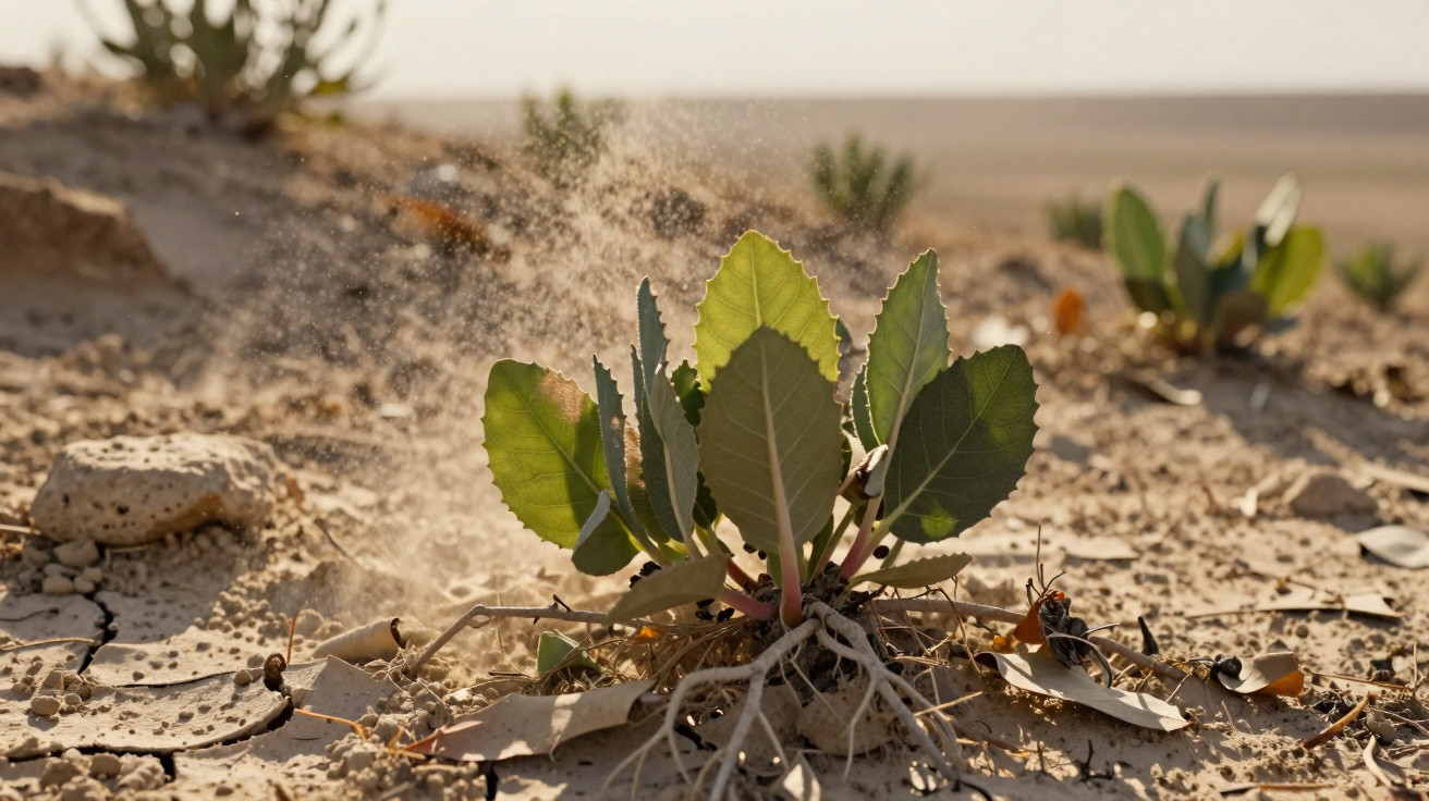 Planta suculenta a crescer em solo seco e rachado sob luz solar intensa num ambiente árido.