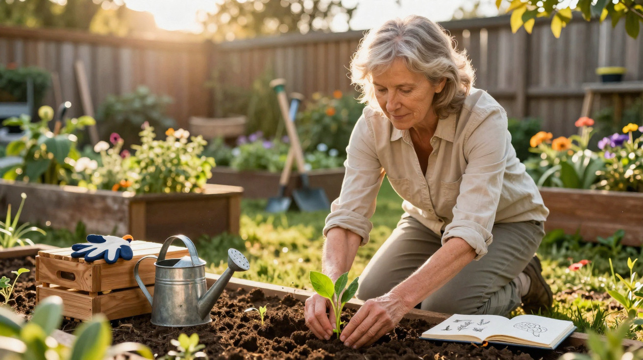 Mulher idosa a plantar muda numa horta, com regador, luvas e livro de jardinagem ao lado.