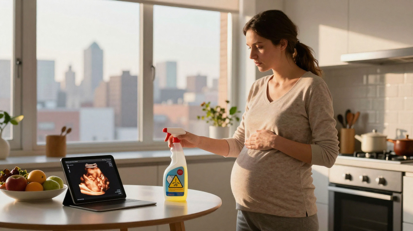 Mulher grávida em casa, segurando um produto de limpeza, olhando para ecografia num tablet na cozinha iluminada.