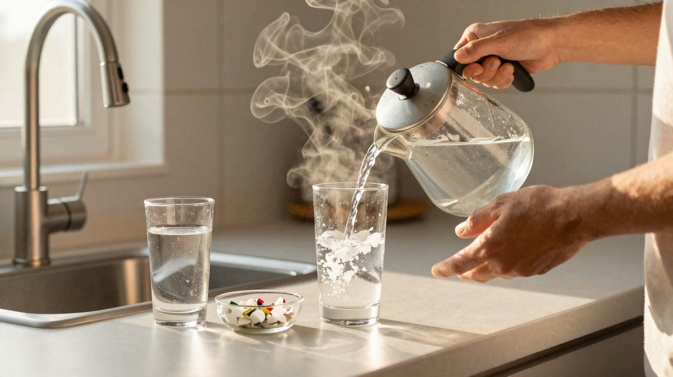 Mão a servir água quente fumegante de bule de vidro para copo transparente na cozinha moderna.