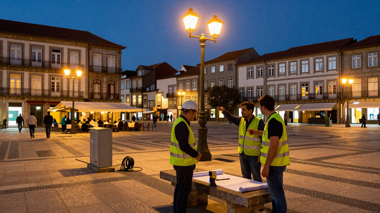Dois trabalhadores de colete refletor num largo à noite com lamparinas acesas e edifícios históricos ao fundo.