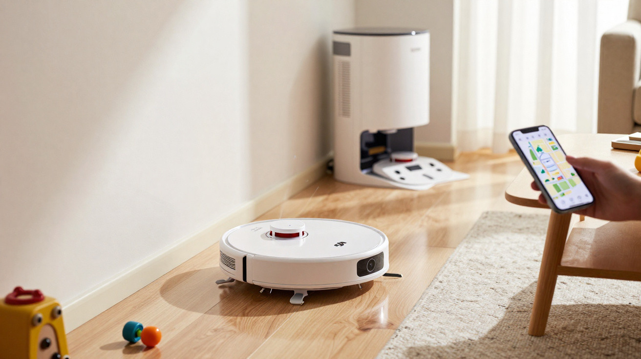 Aspirador robô branco a limpar chão de madeira, controlado por smartphone numa sala com tapete e brinquedos.