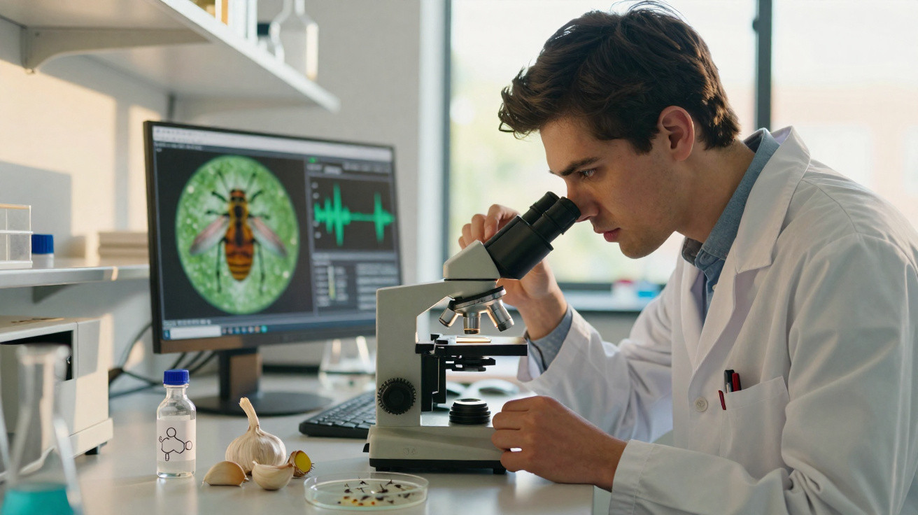 Cientista observa amostra ao microscópio no laboratório com imagem ampliada de inseto na tela do computador.
