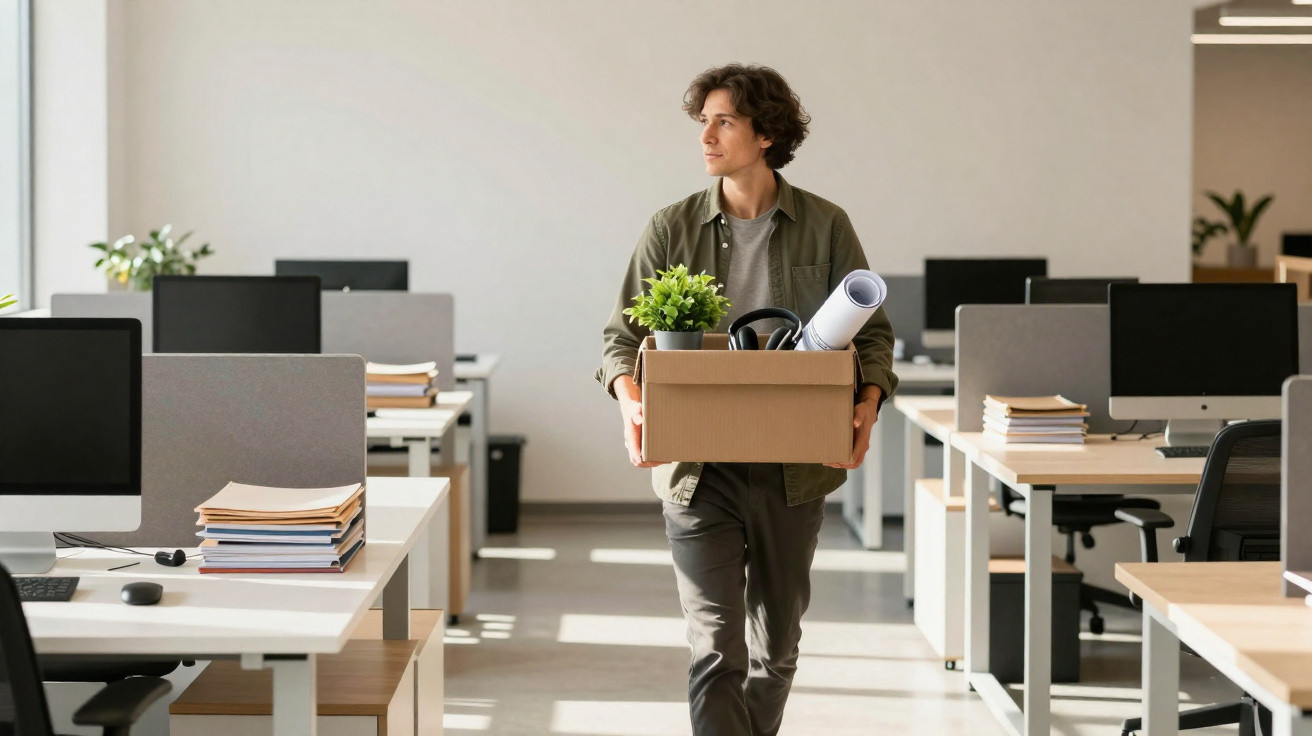 Homem a caminhar numa sala de escritórios vazia, carregando uma caixa com plantas e objetos pessoais.