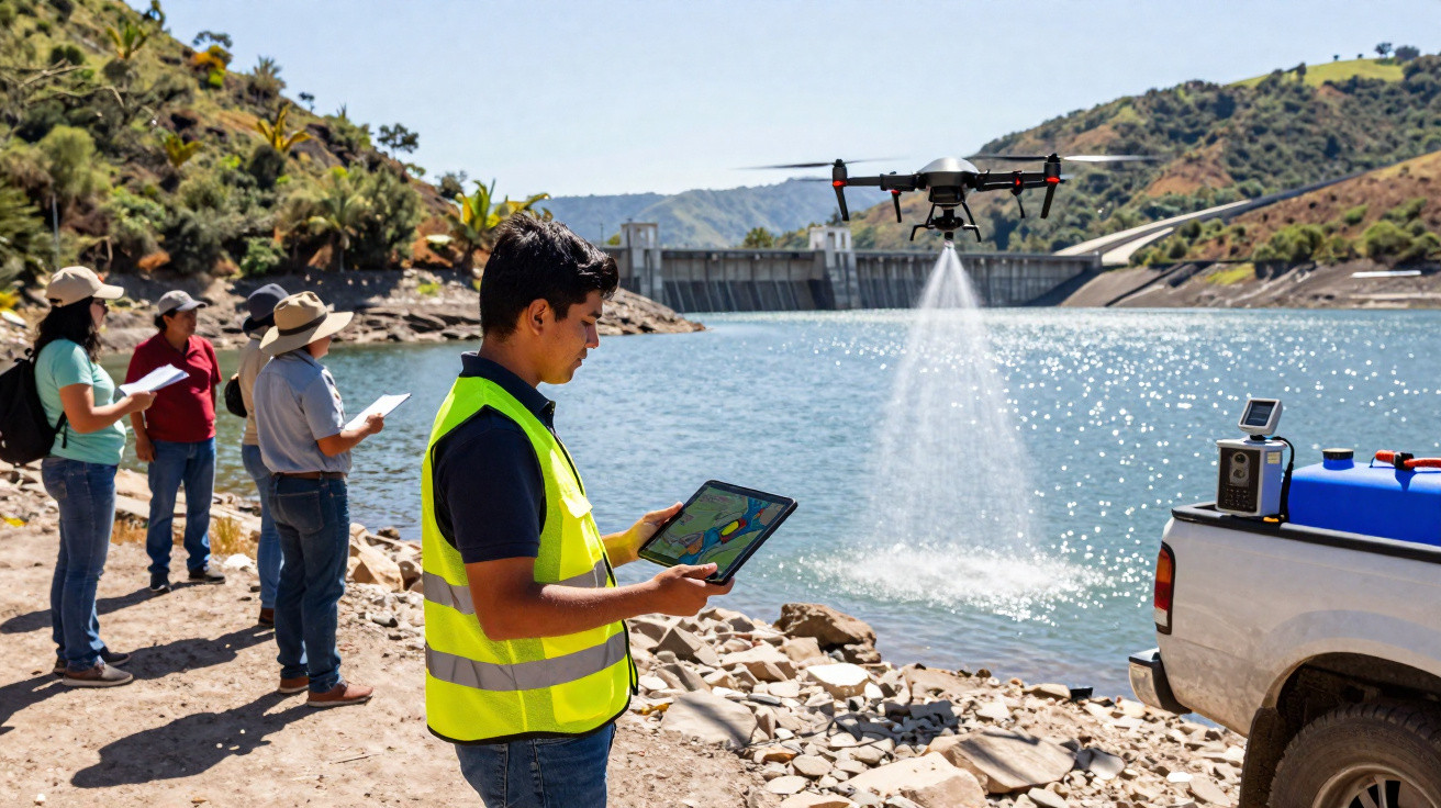 Pessoa com colete refletor controla drone que pulveriza água sobre um lago, enquanto três observadores anotam dados na margem