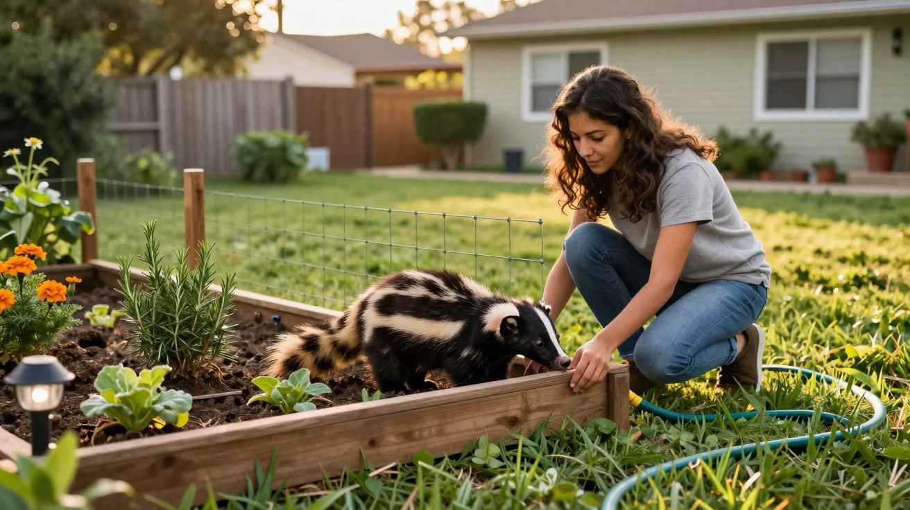 Mulher jovem alimenta um texugo no jardim de uma casa com flores e canteiro elevado.