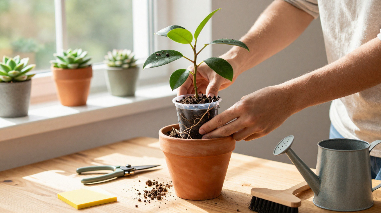 Mãos a transplantar muda de planta de vaso de plástico para vaso de barro em mesa com ferramentas por janela.