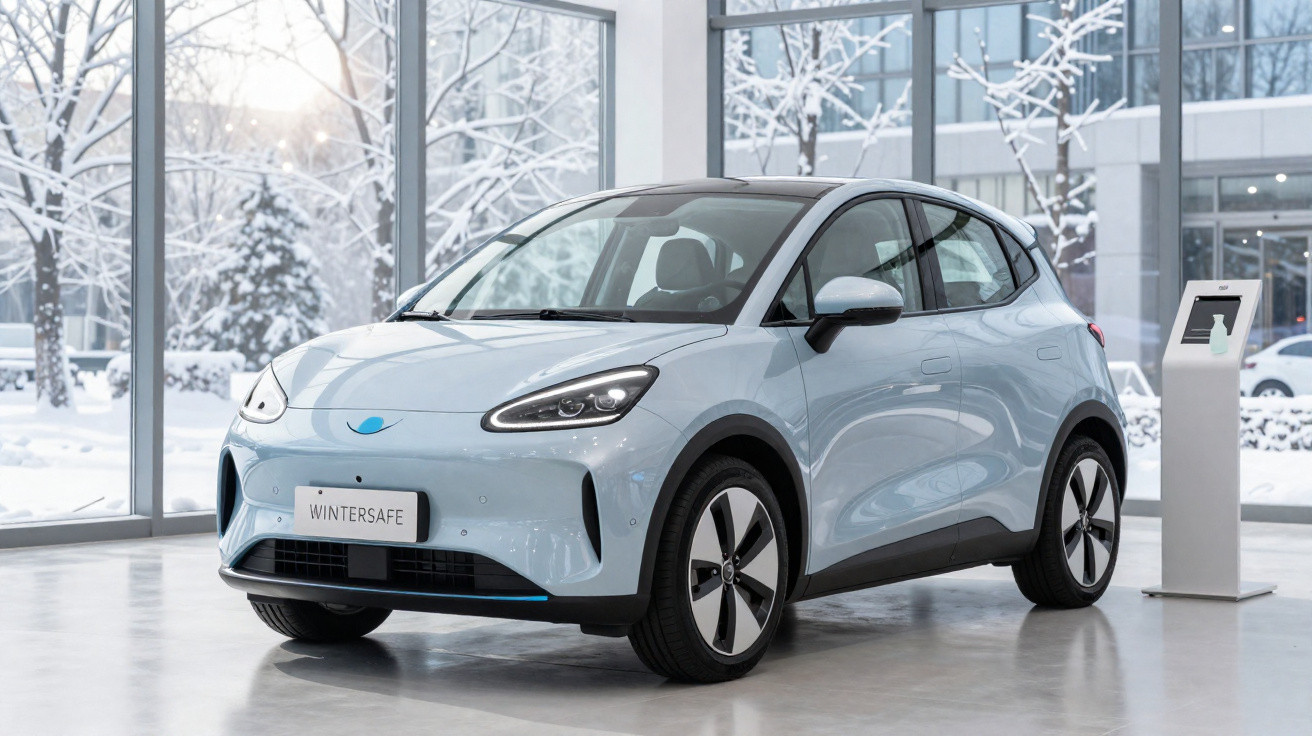 Carro elétrico compacto azul claro exposto em showroom com janelas grandes e paisagem nevada ao fundo.