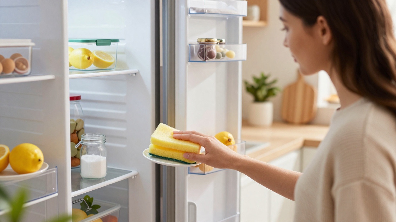 Mulher a limpar a porta do frigorífico aberto com uma esponja amarela na cozinha moderna.