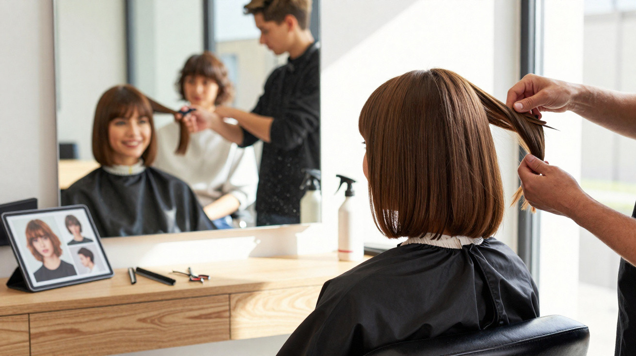 Mulher sentada num salão de cabeleireiro a receber corte de cabelo com espelho e tablet com estilos de cabelo.