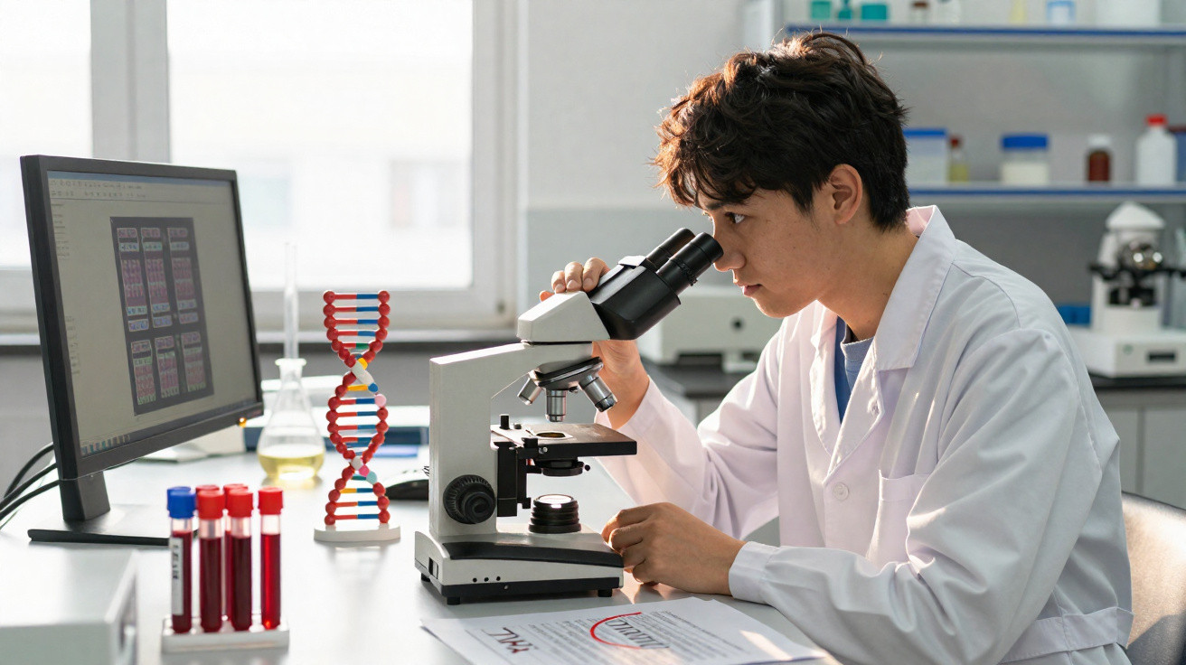 Cientista a observar amostra no microscópio num laboratório com tubos de ensaio e modelo de ADN.