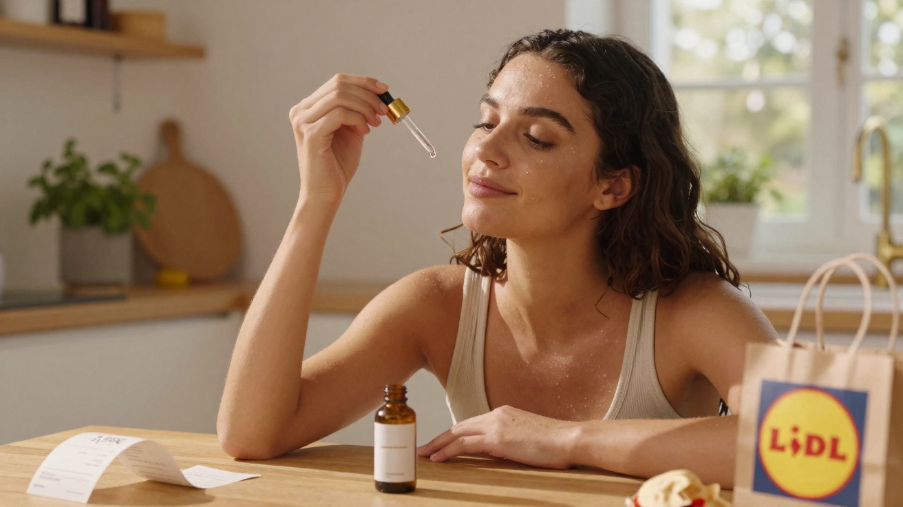 Mulher a aplicar sérum facial com conta-gotas numa cozinha iluminada, com saco do Lidl na mesa.