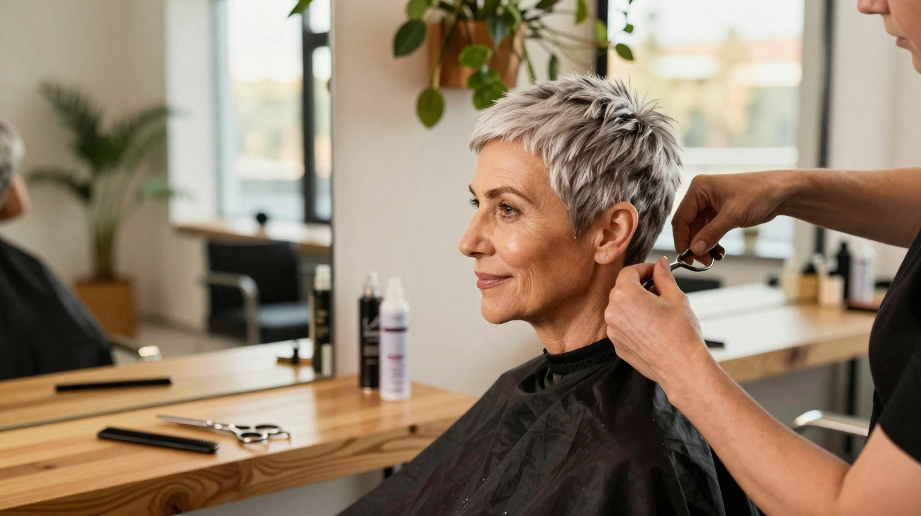 Mulher de cabelo curto grisalho a sorrir enquanto cabeleireiro corta o seu cabelo num salão moderno.