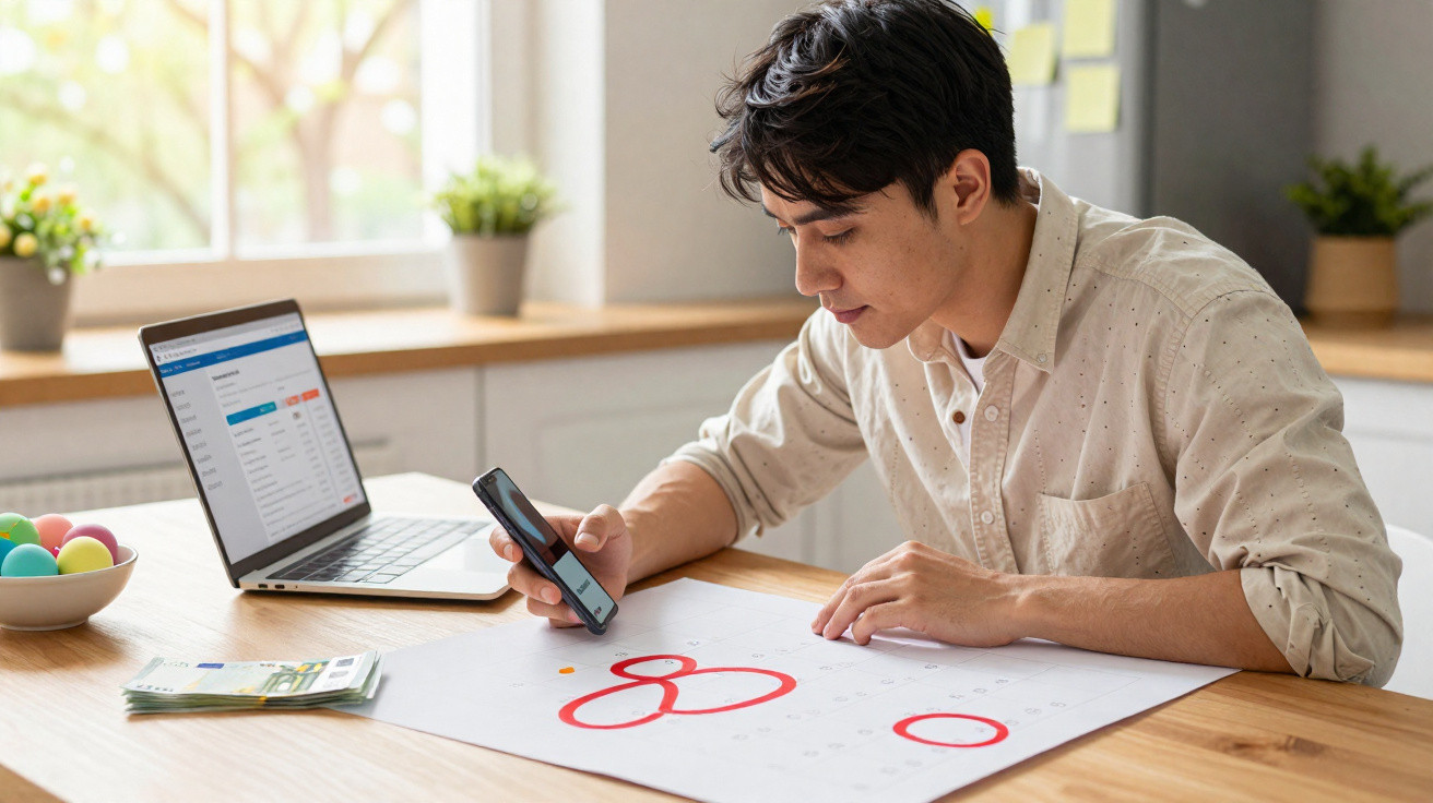 Homem sentado a analisar calendário com círculos vermelhos, usando telemóvel e computador portátil numa mesa.