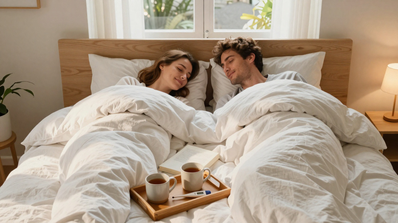 Casal deitado na cama aconchegados com cobertores brancos e uma bandeja com chá e termómetro.