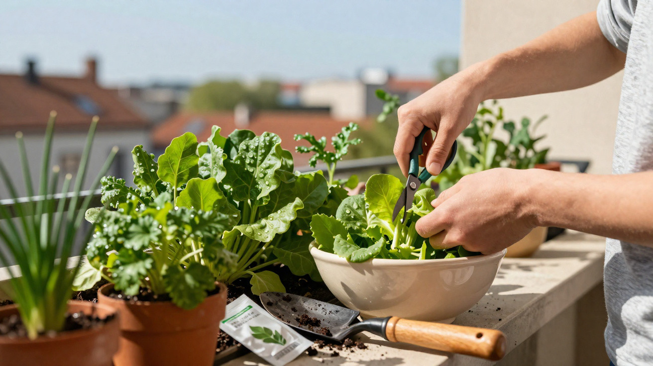 Pessoa a colher verduras frescas com tesoura numa varanda com várias plantas em vasos.