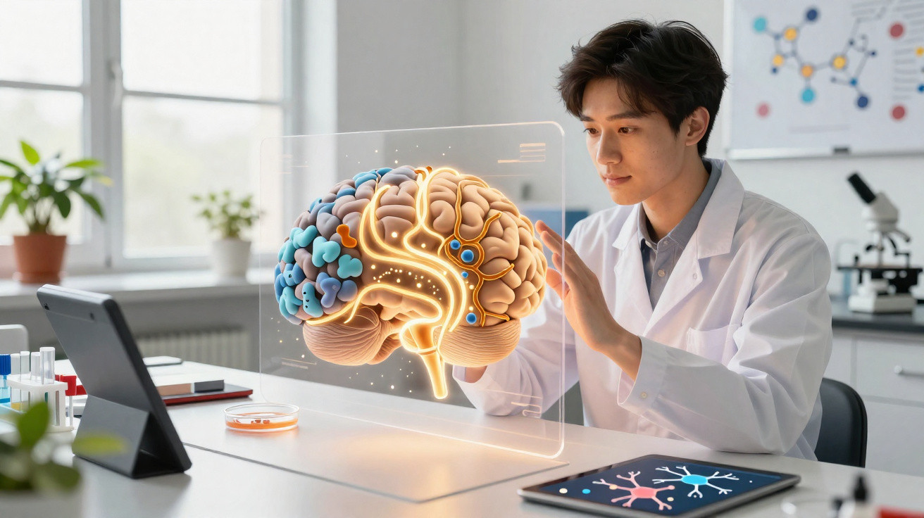 Cientista em laboratório a estudar um cérebro holográfico iluminado com tablet e microscópio na mesa.
