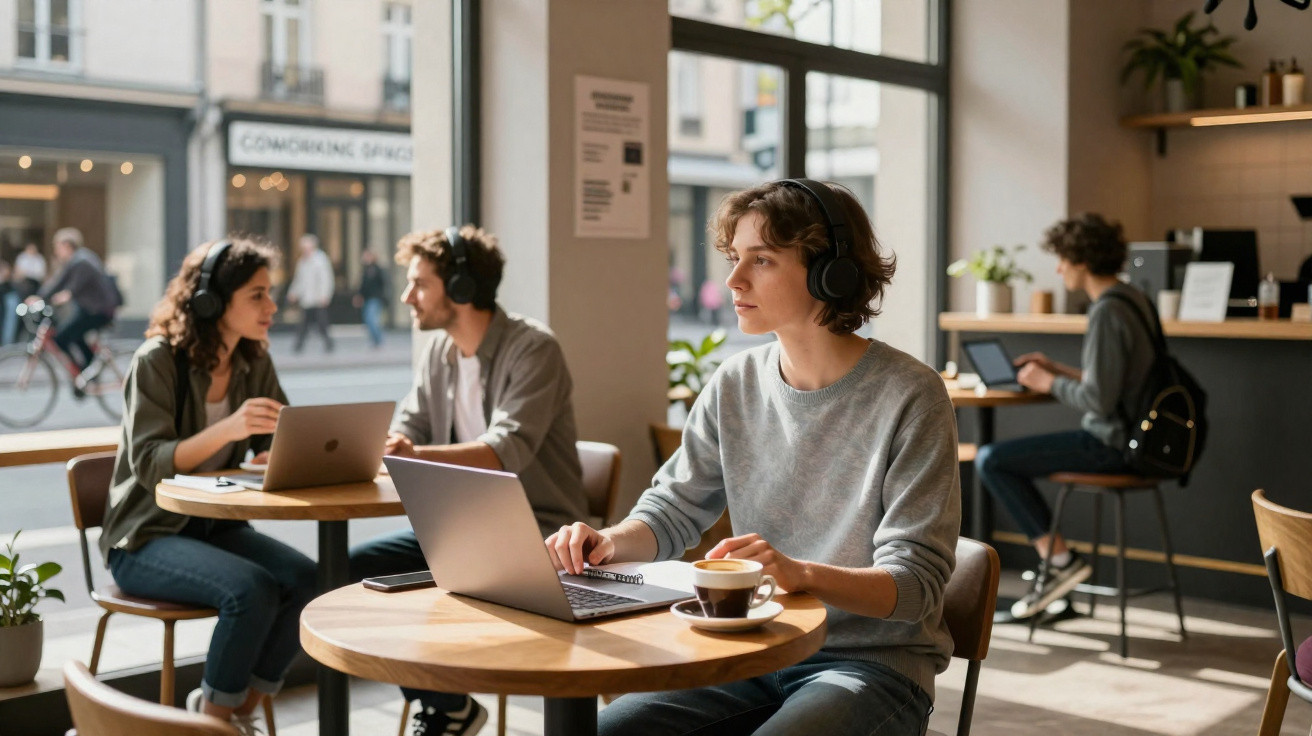 Jovens com auscultadores a trabalhar em computadores portáteis num café iluminado, em mesas arredondadas.